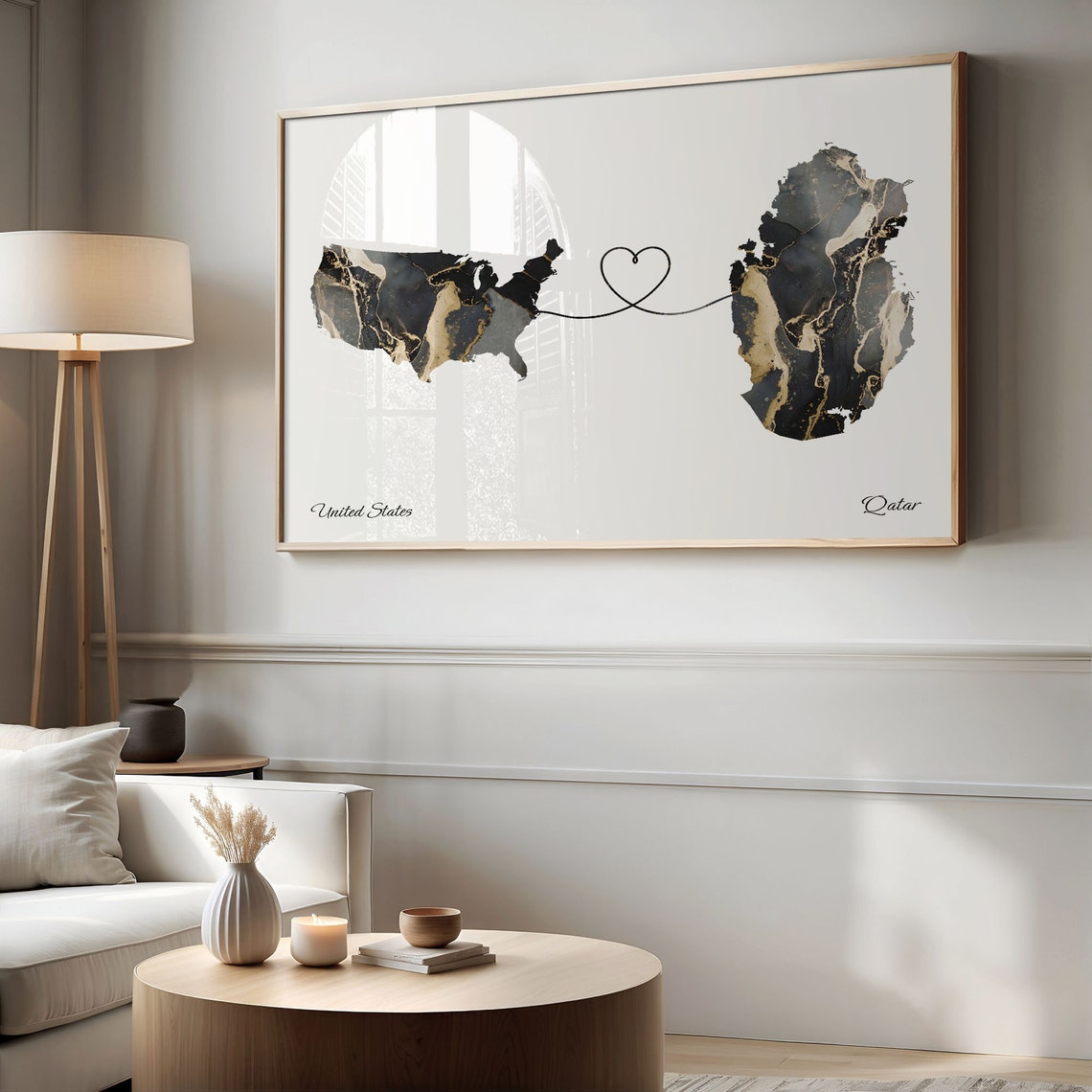 United States to Qatar Heart Connected Long Distance Marble Map Poster - Image 2