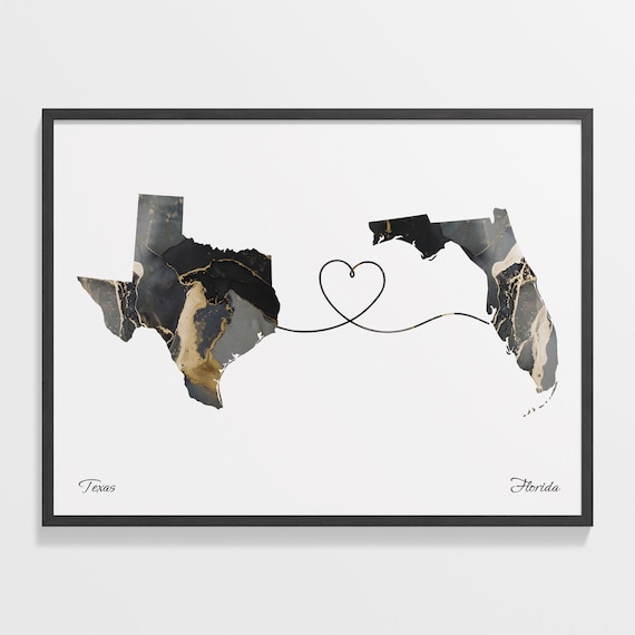 Texas to Florida Marble Map with Heart Long Distance Love Poster