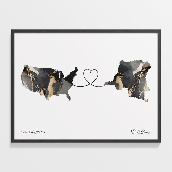 USA to DR Congo Map Travel Poster, Wall Art Print