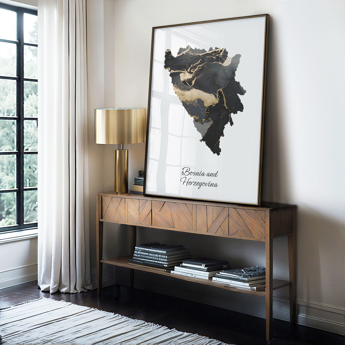 Bosnia And Herzegovina Marble Country Map Poster Black Gold Decor - Image 4