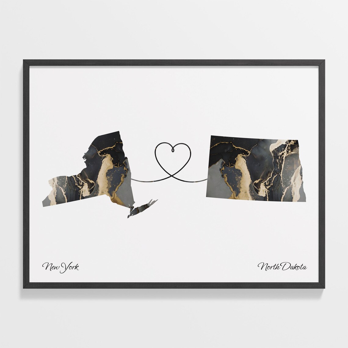 New York to North Dakota Long Distance Love Marble Map Art Poster