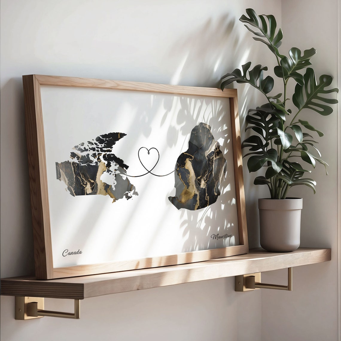 Canada To Mauritius Black Gold Marble Long Distance Heart Map Poster - Image 3
