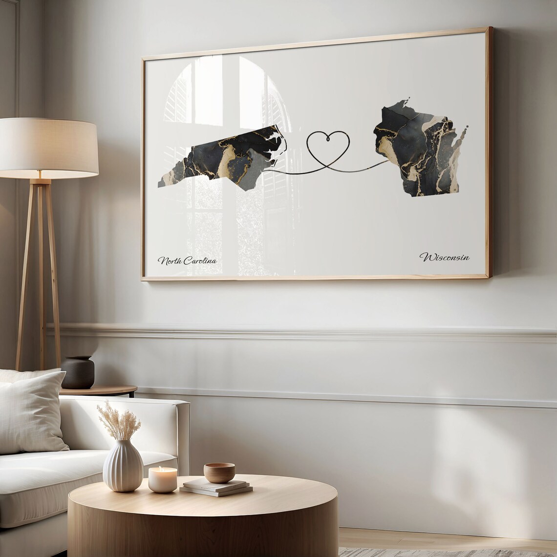 North Carolina to Wisconsin Black Marble State Map Long Distance Love Poster - Image 2