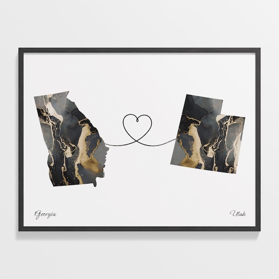 Georgia to Utah Two State Long Distance Heart Marble Map Poster