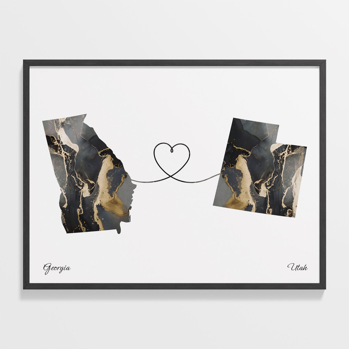 Georgia to Utah Two State Long Distance Heart Marble Map Poster
