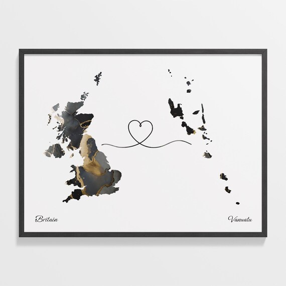Britain and Vanuatu Black Gold Marble Two Country Love Map Poster