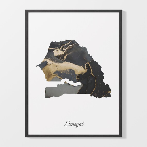 Senegal Elegant Country Map Black Gold Marble Minimalist Poster