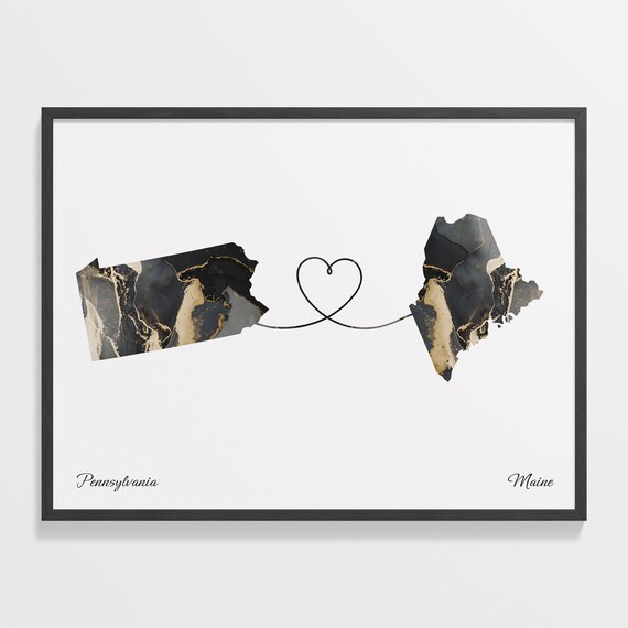 Pennsylvania to Maine Marble State Map Heart Long Distance Connection Poster
