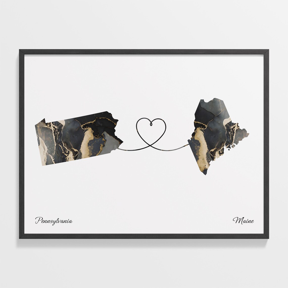 Pennsylvania to Maine Marble State Map Heart Long Distance Connection Poster