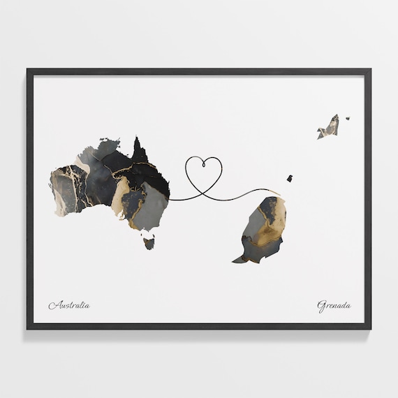 Australia To Grenada Marble Heart Map Two Country Long Distance Gift Poster