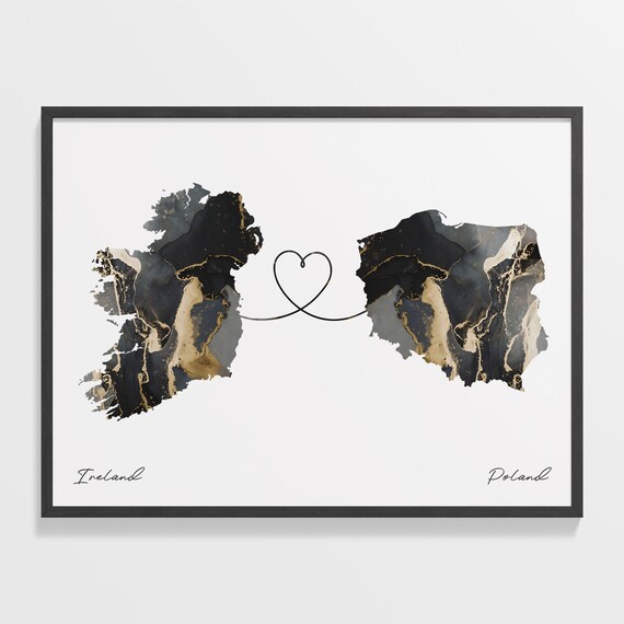 Ireland to Poland Black Gold Marble Map Heart Line Art Poster