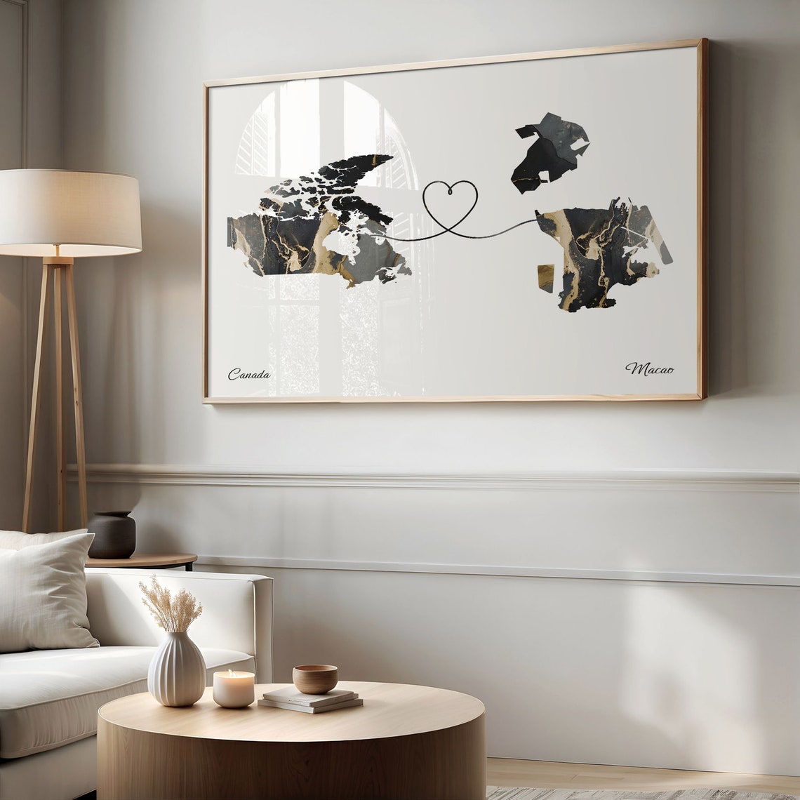 Canada to Macao Black Gold Marble Long Distance Heart Map Poster - Image 2