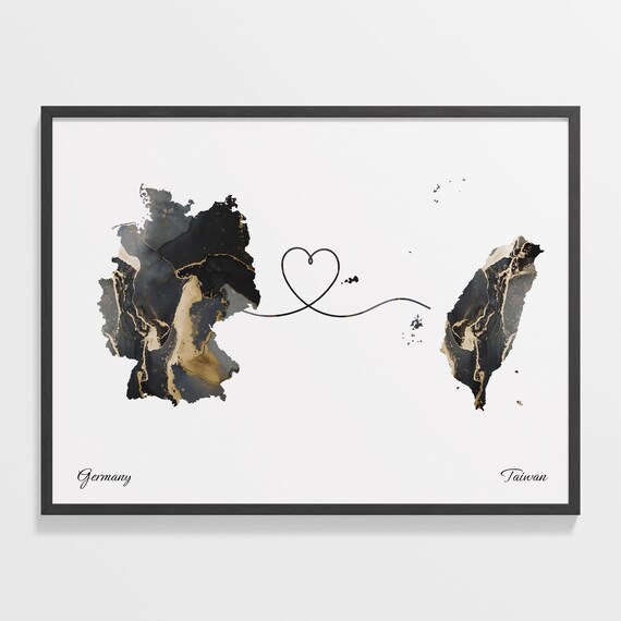 Germany To Taiwan Black Gold Marble Long Distance Heart Map Poster