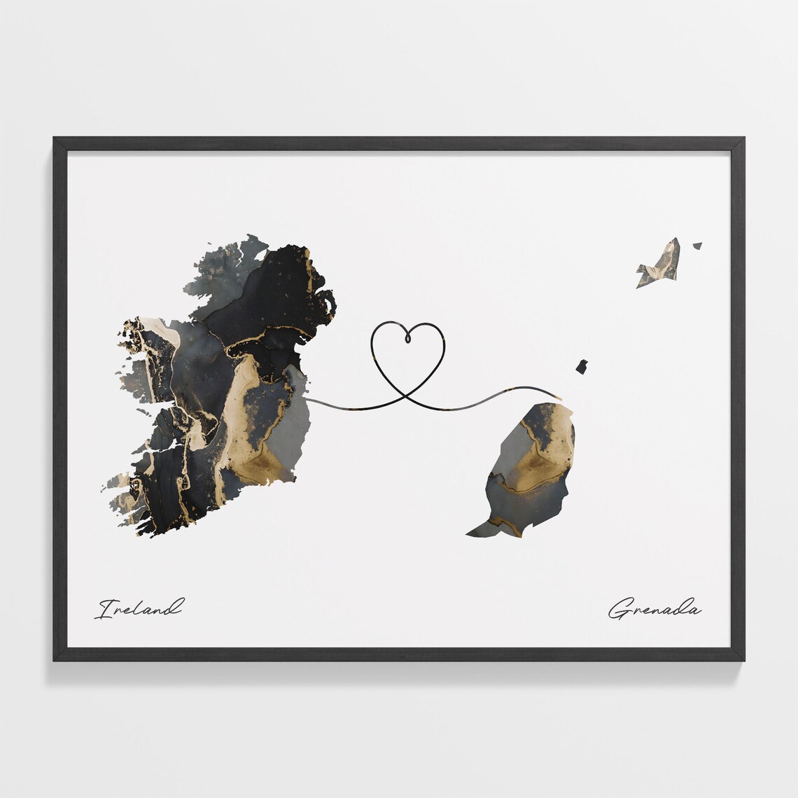 Ireland To Grenada Heart Connected Black Marble Country Map Poster