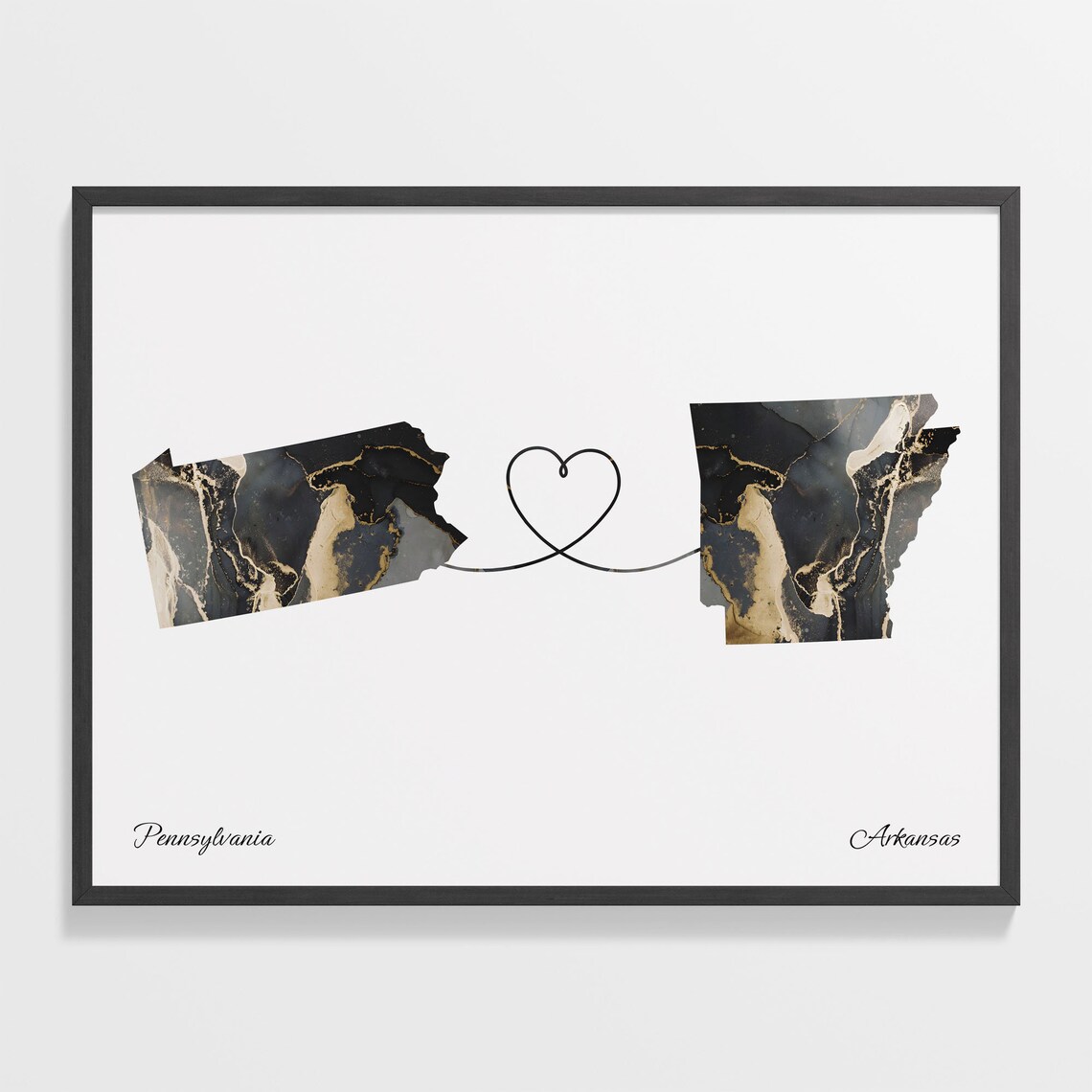 Pennsylvania to Arkansas Long Distance Love Marble Map Art Poster