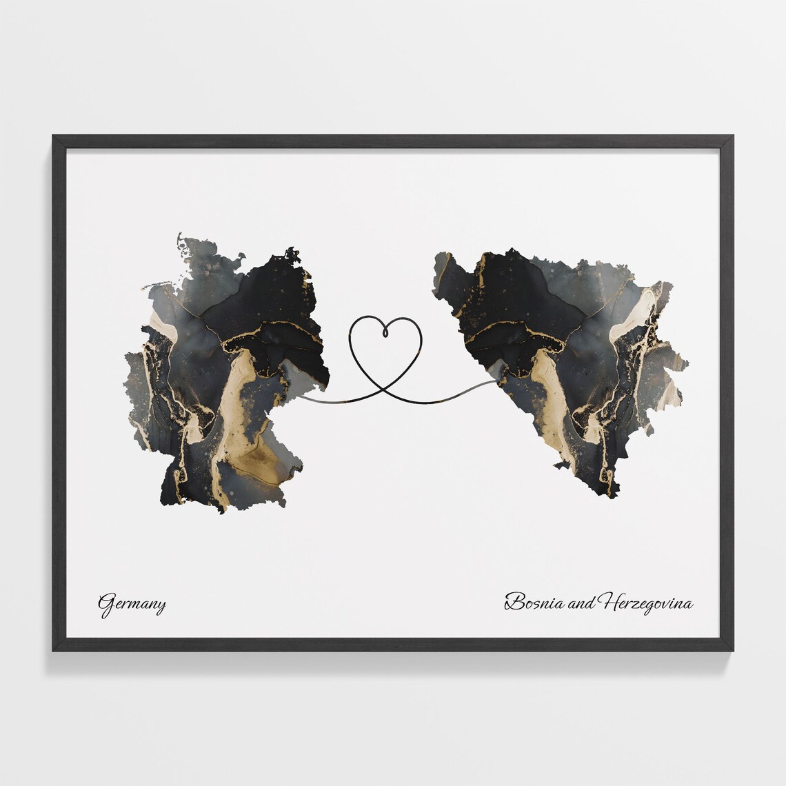 Germany Bosnia and Herzegovina Black Gold Marble Map Art Heart Connection Poster