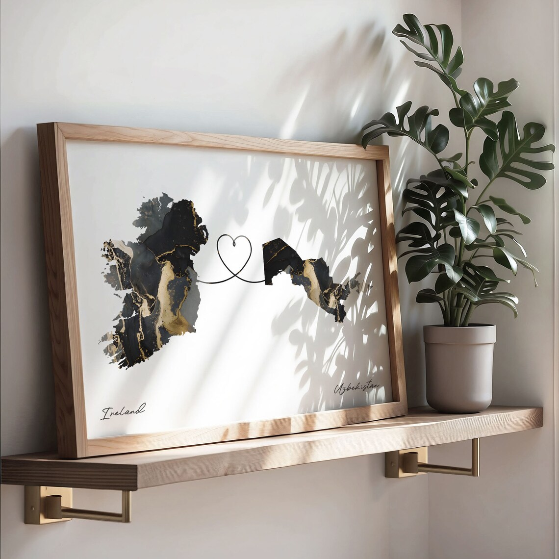 Ireland to Uzbekistan Black Gold Marble Map Heart Line Art Poster - Image 3