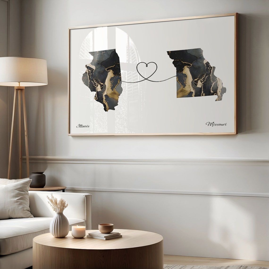 Heart Connection Illinois to Missouri Black Marble Map Poster - Image 2