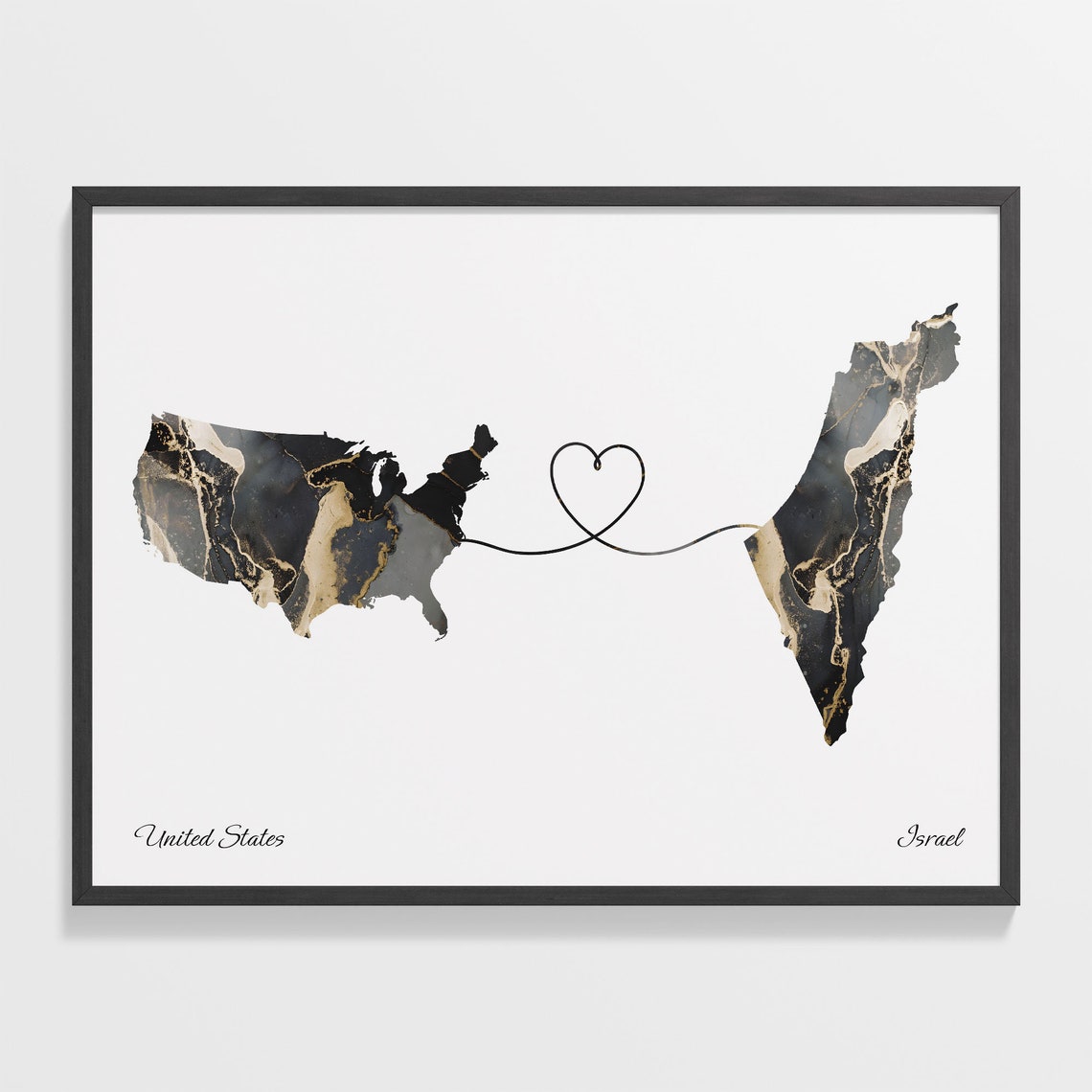 United States and Israel Black Marble Heart Connection Map Poster