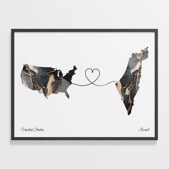 United States and Israel Black Marble Heart Connection Map Poster
