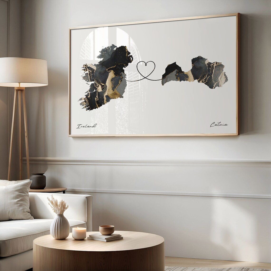 Ireland To Latvia Marble Map Heart Poster Long Distance Love Gift - Image 2