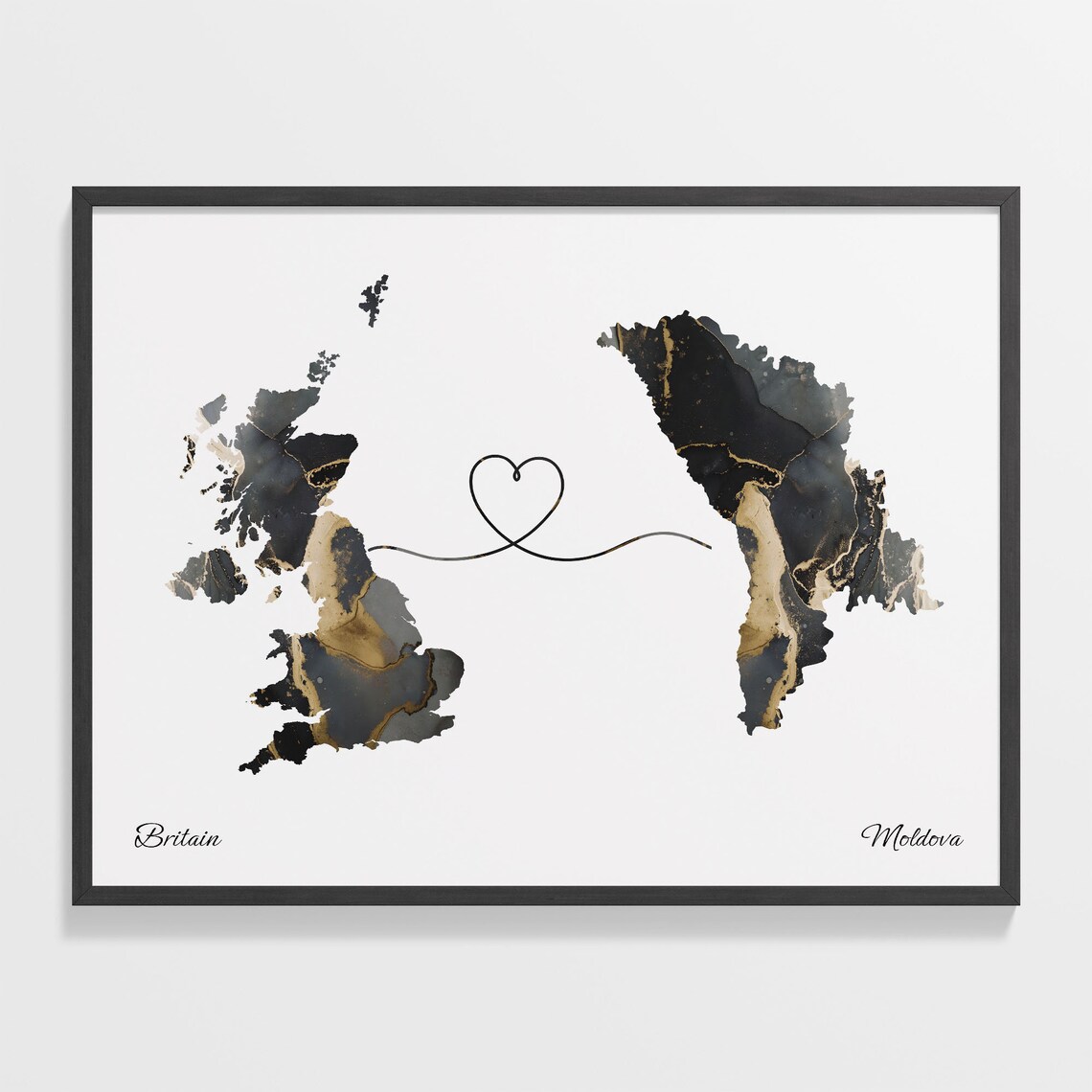 Britain and Moldova Marble Heart Connected Countries Map Poster