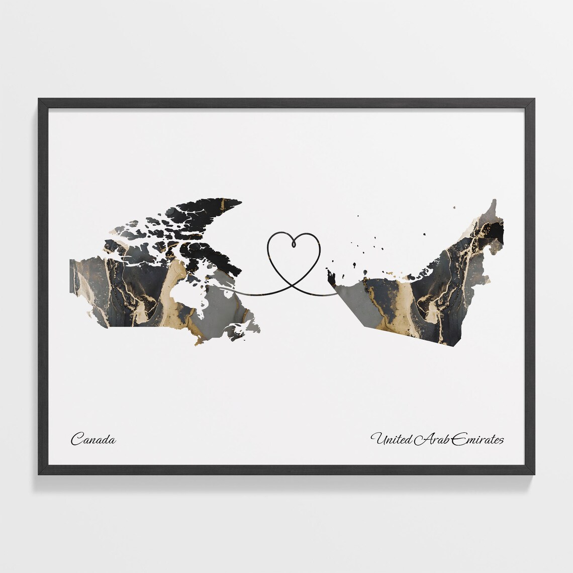 Canada to United Arab Emirates Black Gold Marble Heart Connection Map Poster