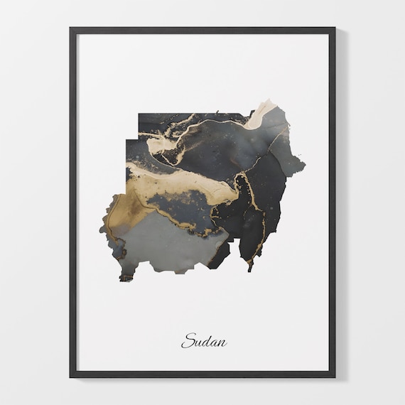 Sudan Stylish Black And Gold Marble Country Map Luxury Decor Art Poster