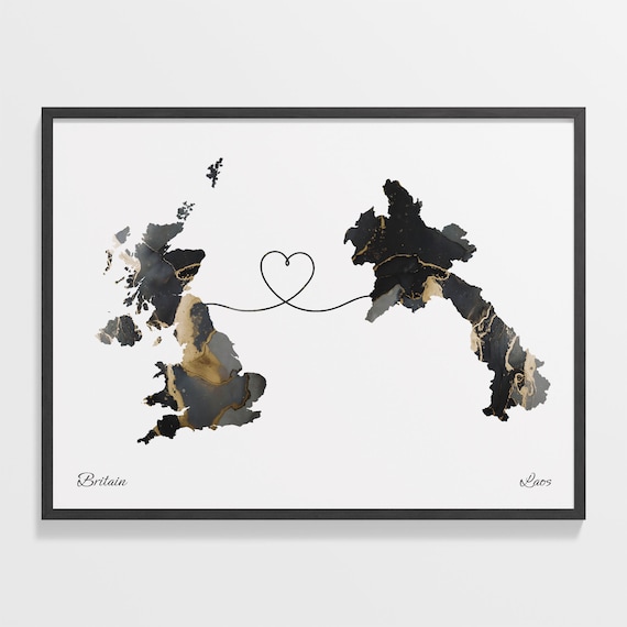 Britain to Laos Modern Black Gold Marble Map Heart Line Art Poster