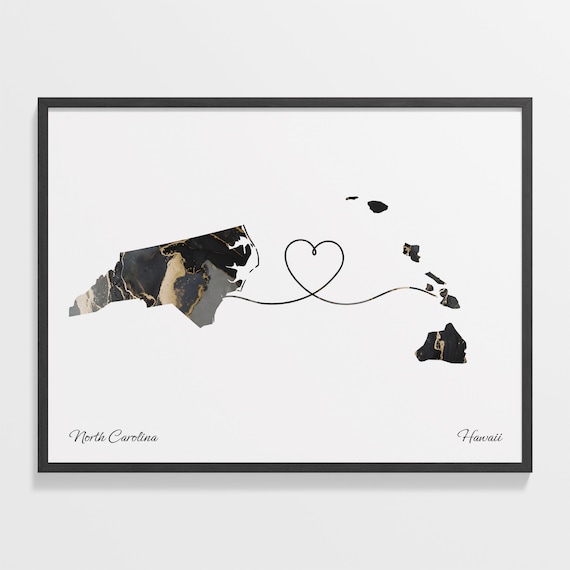 North Carolina to Hawaii Black Marble State Map Long Distance Love Poster