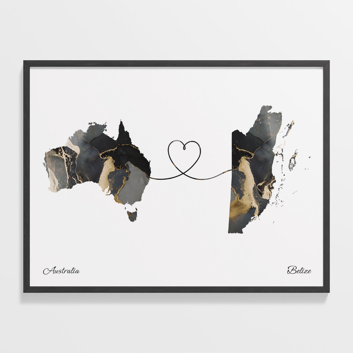 Australia Belize Marble Map Heart Long Distance Love Gift Poster