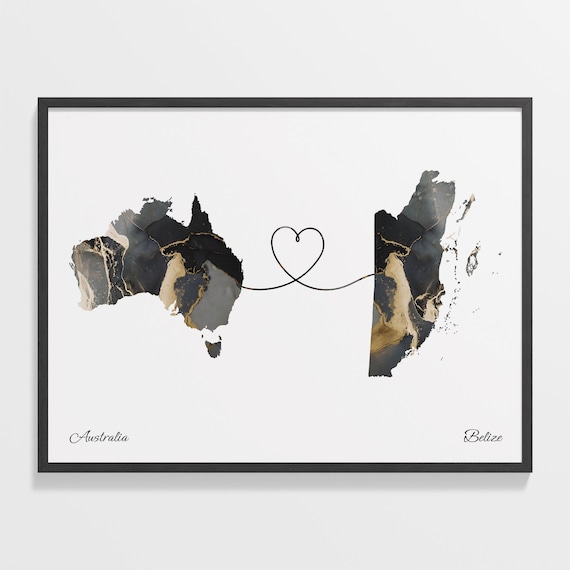 Australia Belize Marble Map Heart Long Distance Love Gift Poster