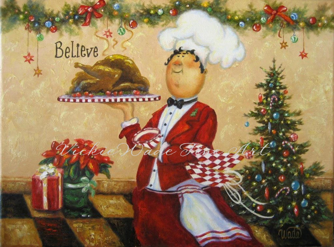 Christmas Chef Presenting Roast Turkey Believe Holiday Art Poster