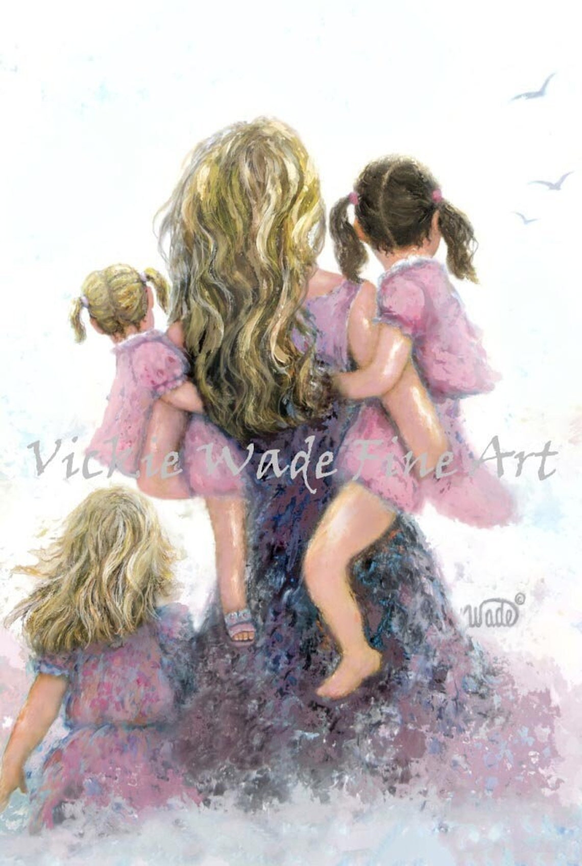 Mother Carrying Two Daughters Three Little Girls Soft Sky Poster