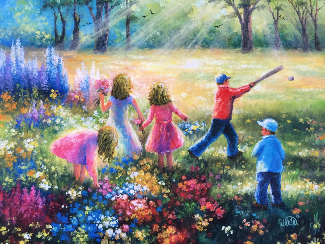 Five Happy Children Playing Baseball In The Flower Garden Art Poster - Image 2