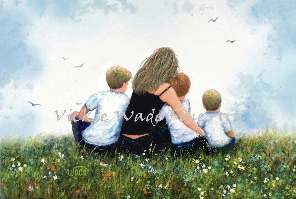 Mother and Three Sons Sitting Together in Wildflower Meadow Poster