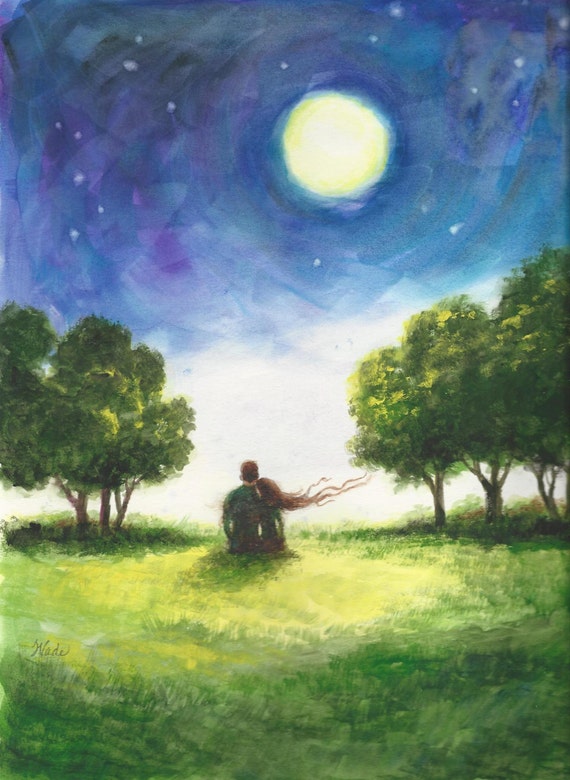 Lovers Art Print Loving Couple Starry Night Moon Romantic Painting Love Moonlight Lovers Blue Green Ee Cummings Vickie Wade Art