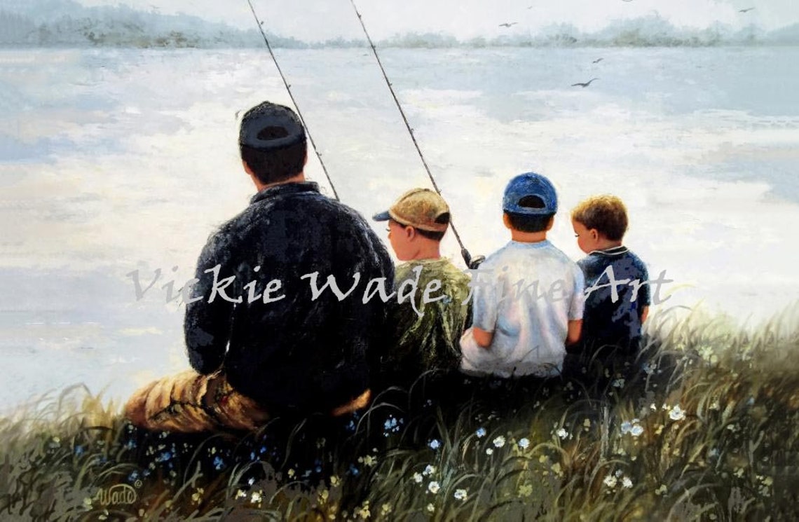 Father Three Sons Fishing Art Print Three Brothers Fishing Three Boys Fishing Gray Haired Dad Fishing Grandpa Fishing Vickie Wade Art