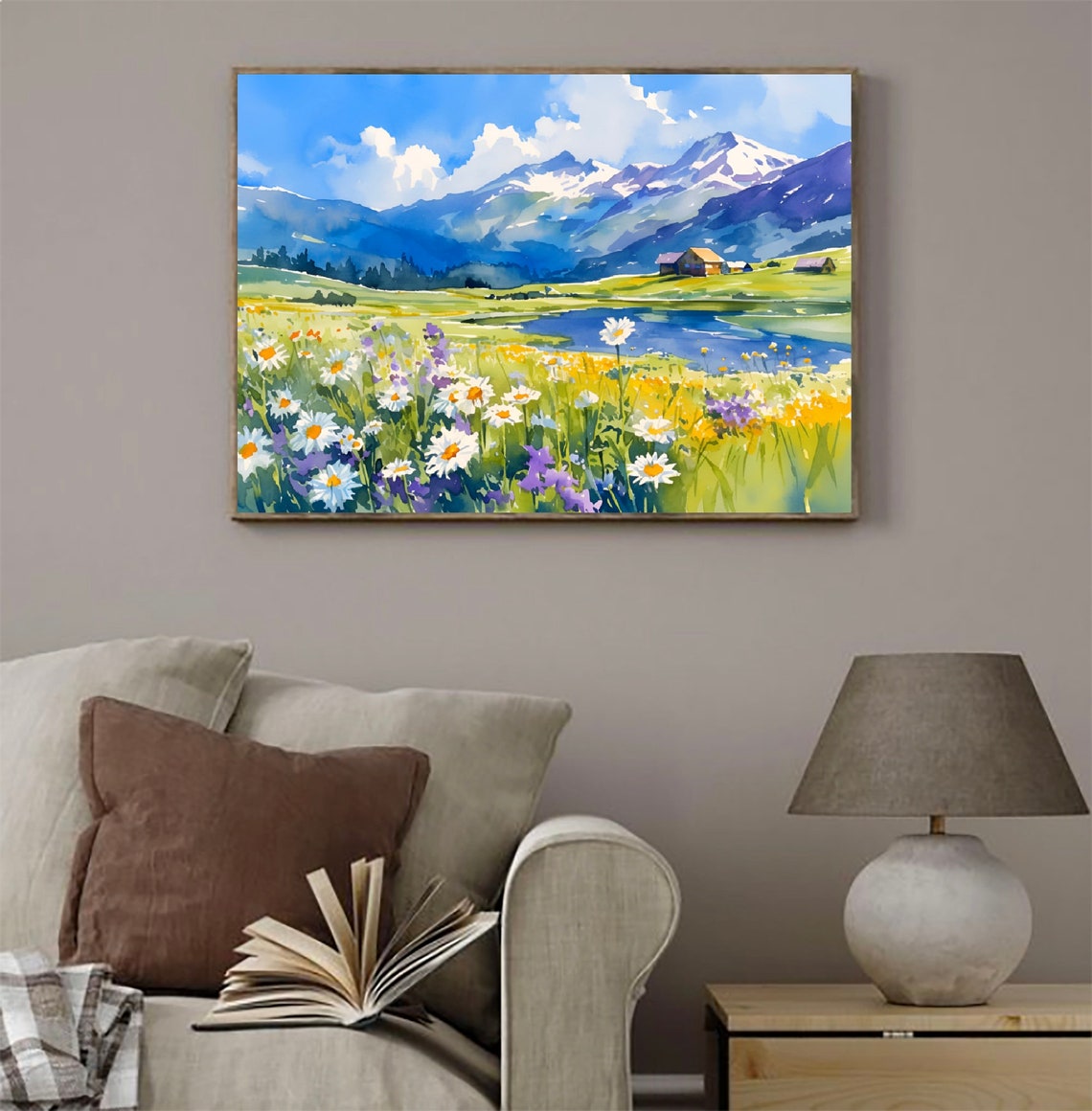 Pennine Alps Daisy Meadow Lake Cabins Watercolor Mountain Art Poster - Image 4