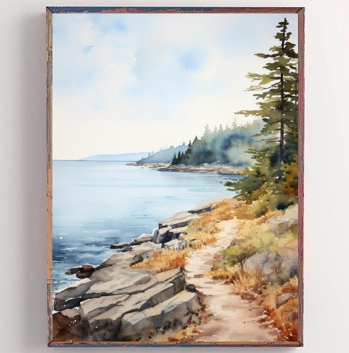 Emerald Bay California Rocky Pine Lakeshore Watercolor Poster