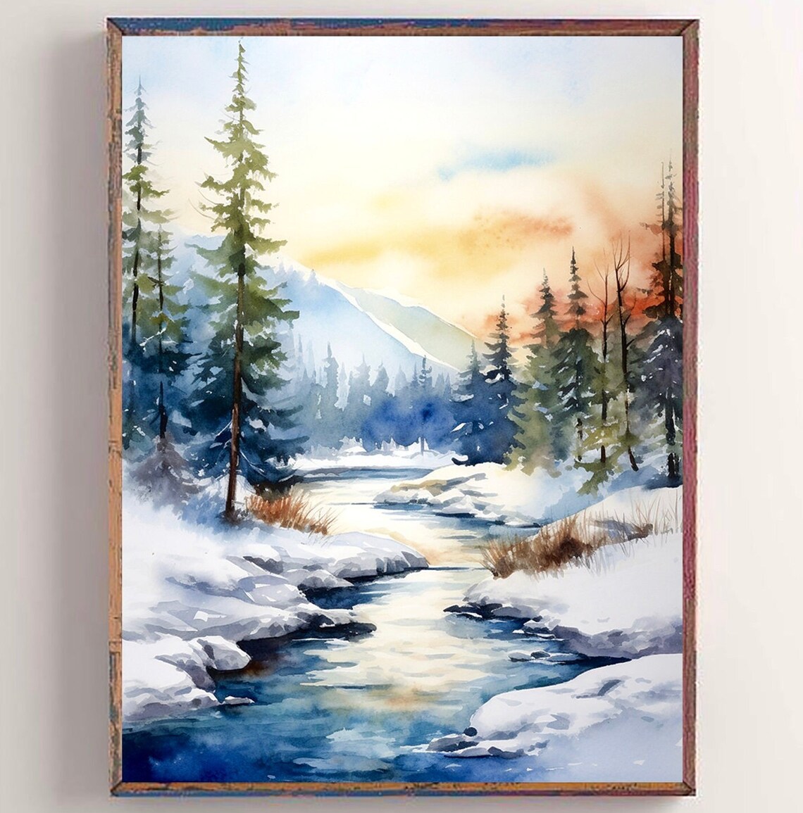 Norway Forest Watercolor Art Print, Winter Landscape