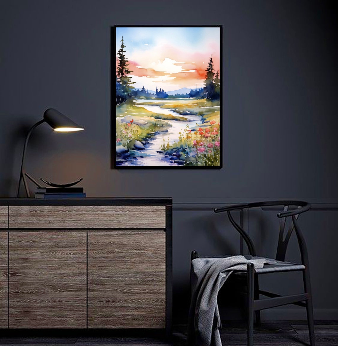 Idaho Forest River Sunset Pine Trees Stream Watercolor Poster - Image 3
