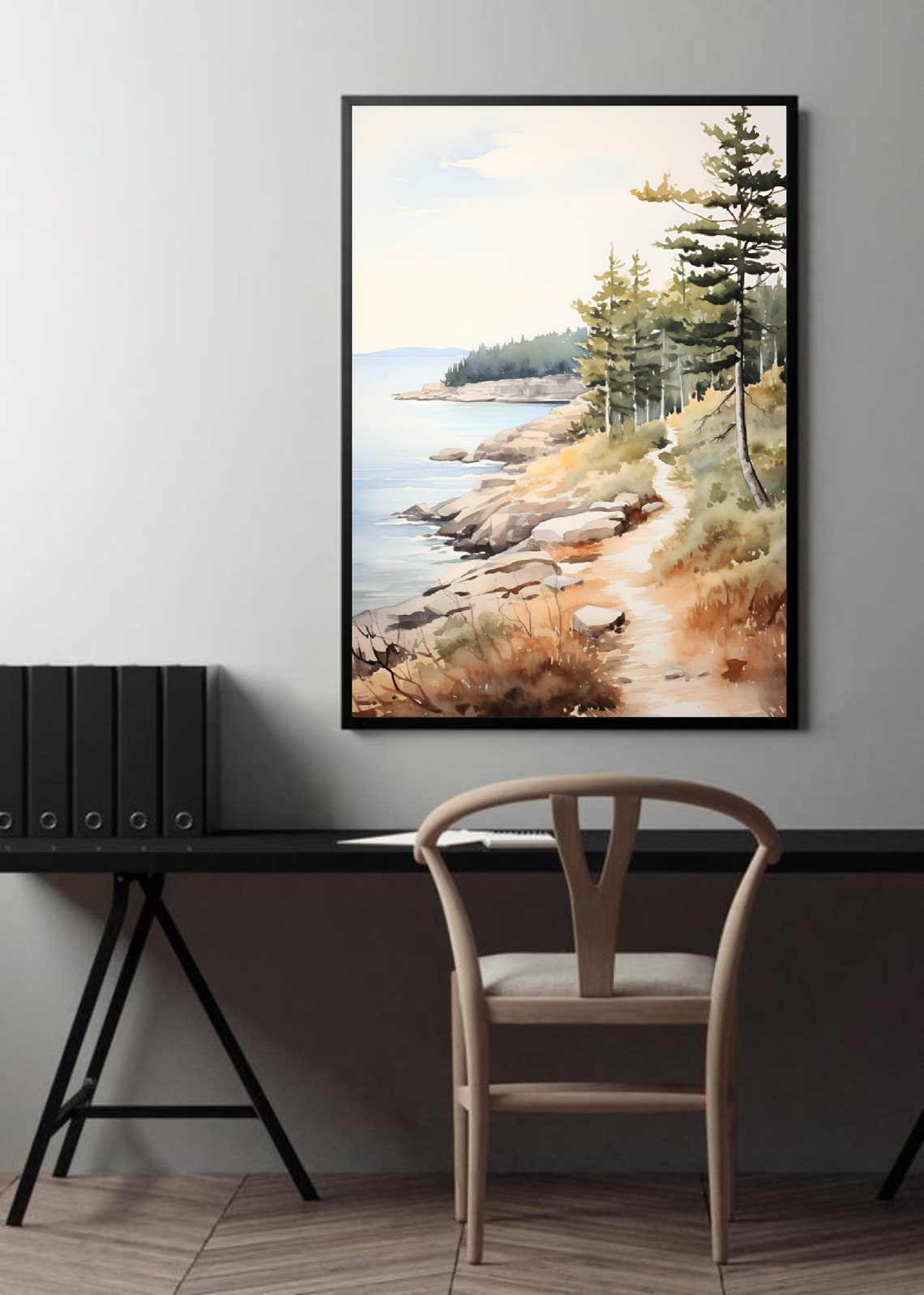 Coastal Path Pine Trees Rocky Shore Calm Sea Watercolor Art Poster - Image 2
