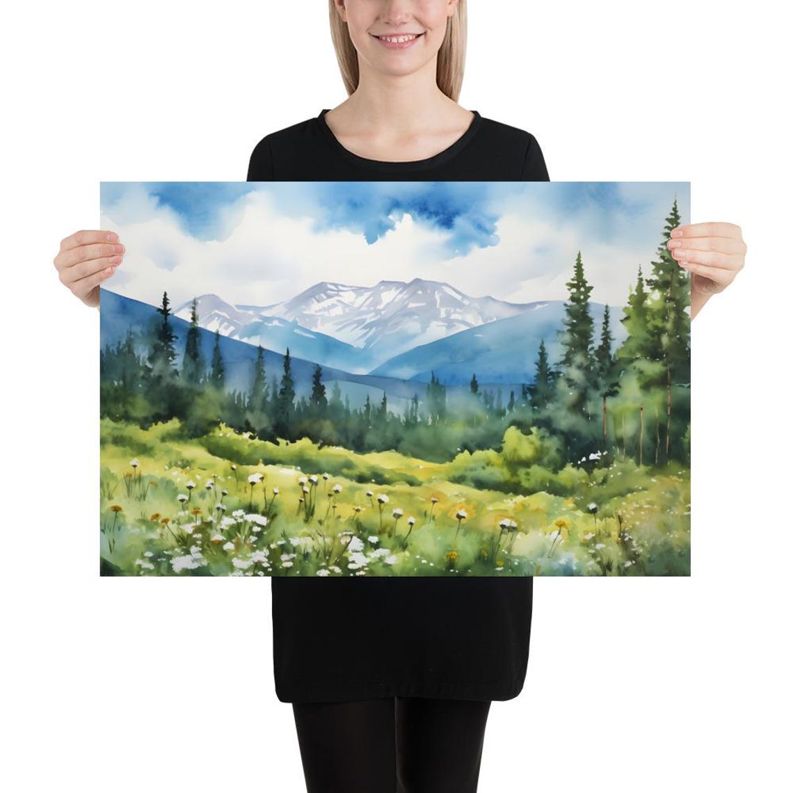Whiteface Mountain Wildflower Meadow Snow Peak Watercolor Art Poster - Image 2