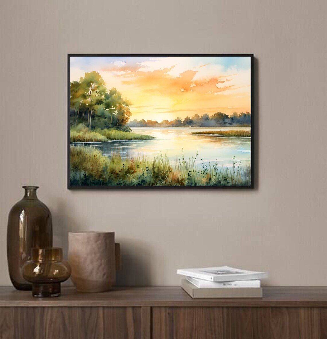 Kansas River Watercolor Sunset Landscape Art Print - Image 2