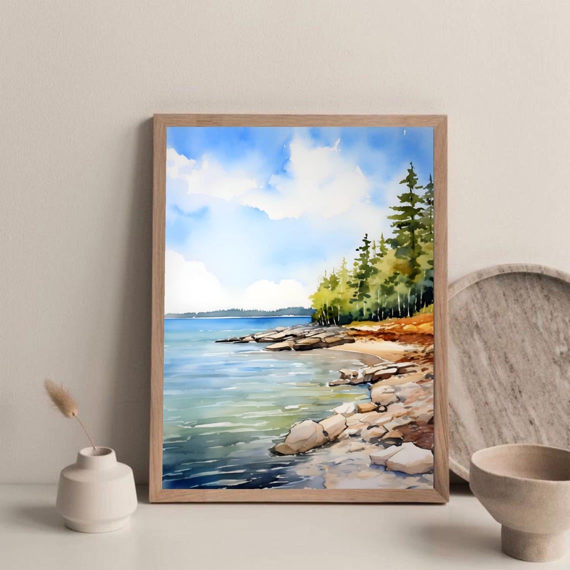 Sunny Rocky Lakeshore Pine Trees Calm Water Watercolor Art Poster - Image 2