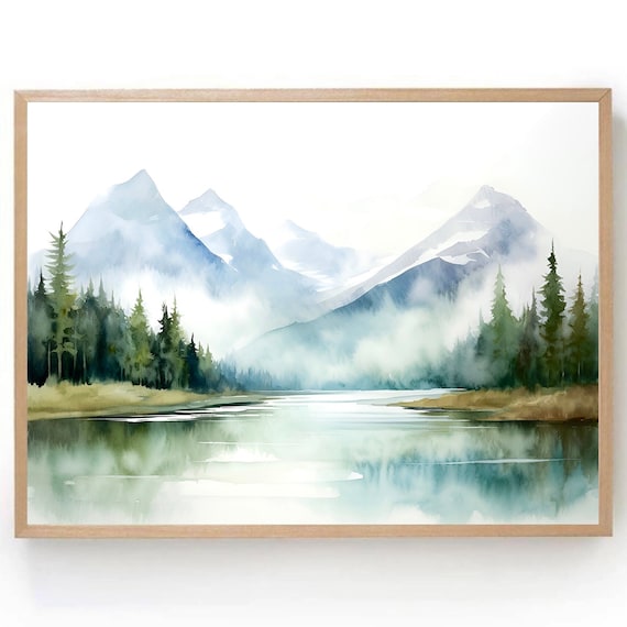 Mountain Watercolor Art Print, Minimalist Norway Landscape