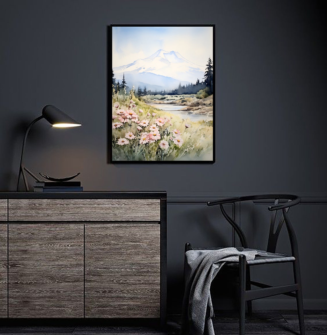 Mount Saint Helens Pink Daisies Snow Peak Watercolor Floral Poster - Image 4