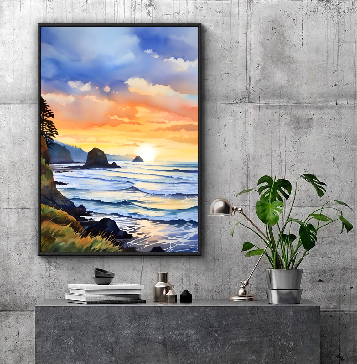 Cannon Beach Oregon Sunset Ocean Waves Coast Watercolor Poster - Image 3
