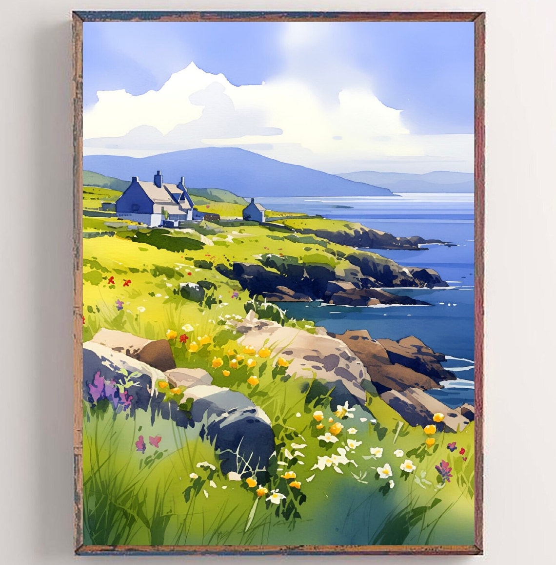 Achill Island Ireland Keem Bay Coastal Meadow Watercolor Poster